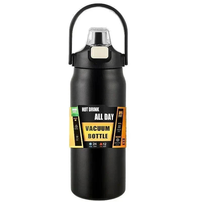 Large capacity stainless steel hydration bottle with straw, ideal for hiking, camping, cycling.