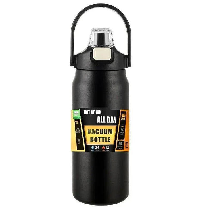 Large capacity stainless steel hydration bottle with straw, ideal for hiking, camping, cycling.