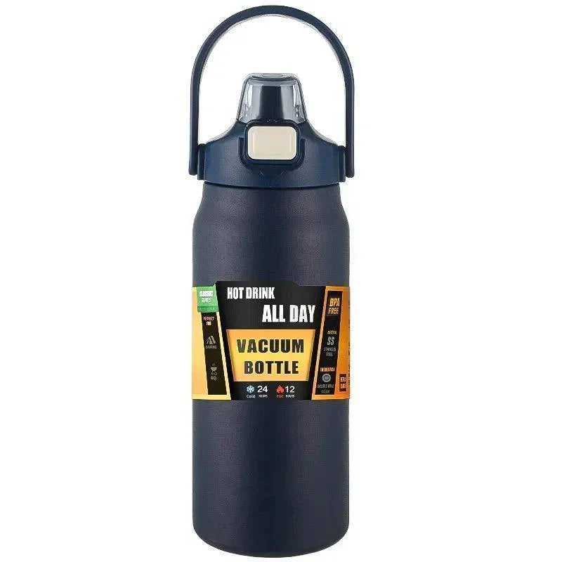 Modern insulated water bottle, stainless steel design with a leak-proof straw lid for active use.