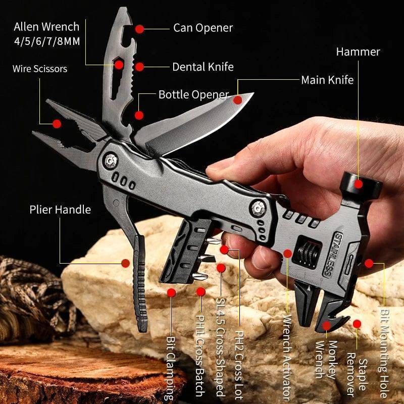 Durable pocket-sized stainless steel multi-tool wrench for outdoor utility and everyday tasks.