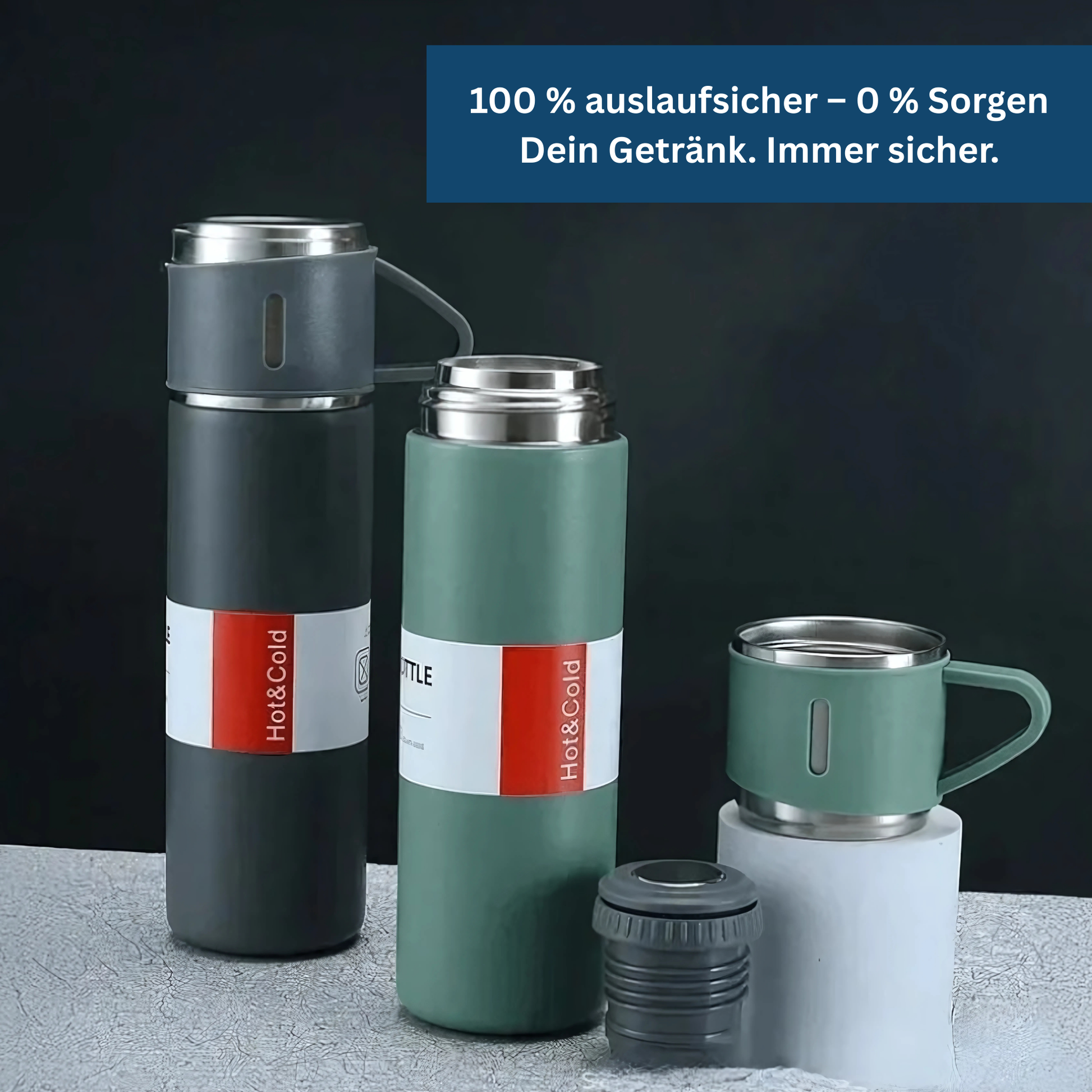 Group of stainless steel vacuum insulated water bottles in various sizes, unisex, hot cold drinkware options