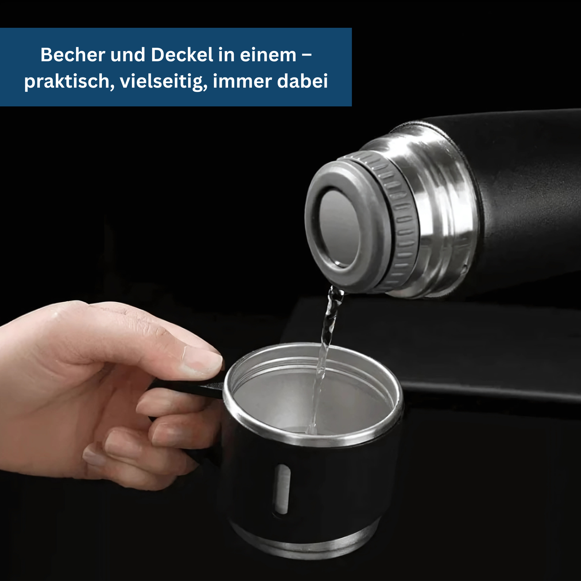 Person holding a black stainless steel thermos bottle, illustrating its portability & comfortable grip, travel mug
