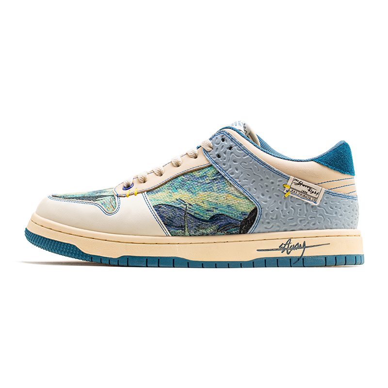 Unisex Starry Night sneakers with vibrant Van Gogh design and comfort sole, perfect for art lovers.
