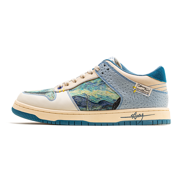 Unisex Starry Night sneakers with vibrant Van Gogh design and comfort sole, perfect for art lovers.