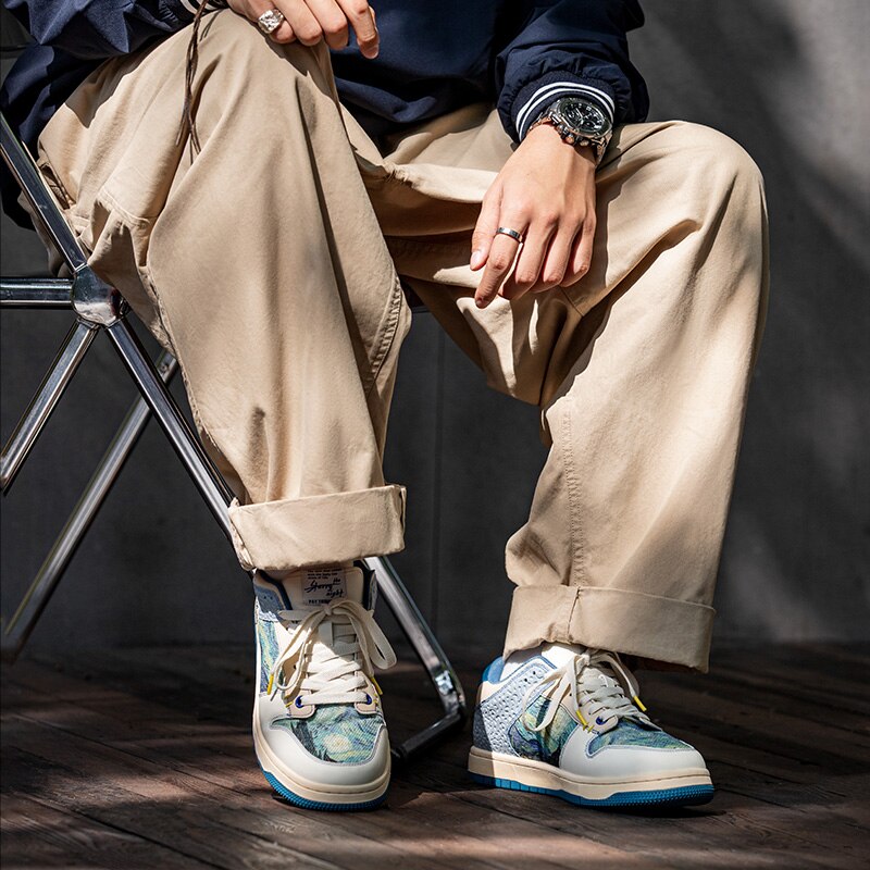 Fashion-forward Starry Night sneakers with colorful Van Gogh print, ideal for urban style and casual wear.