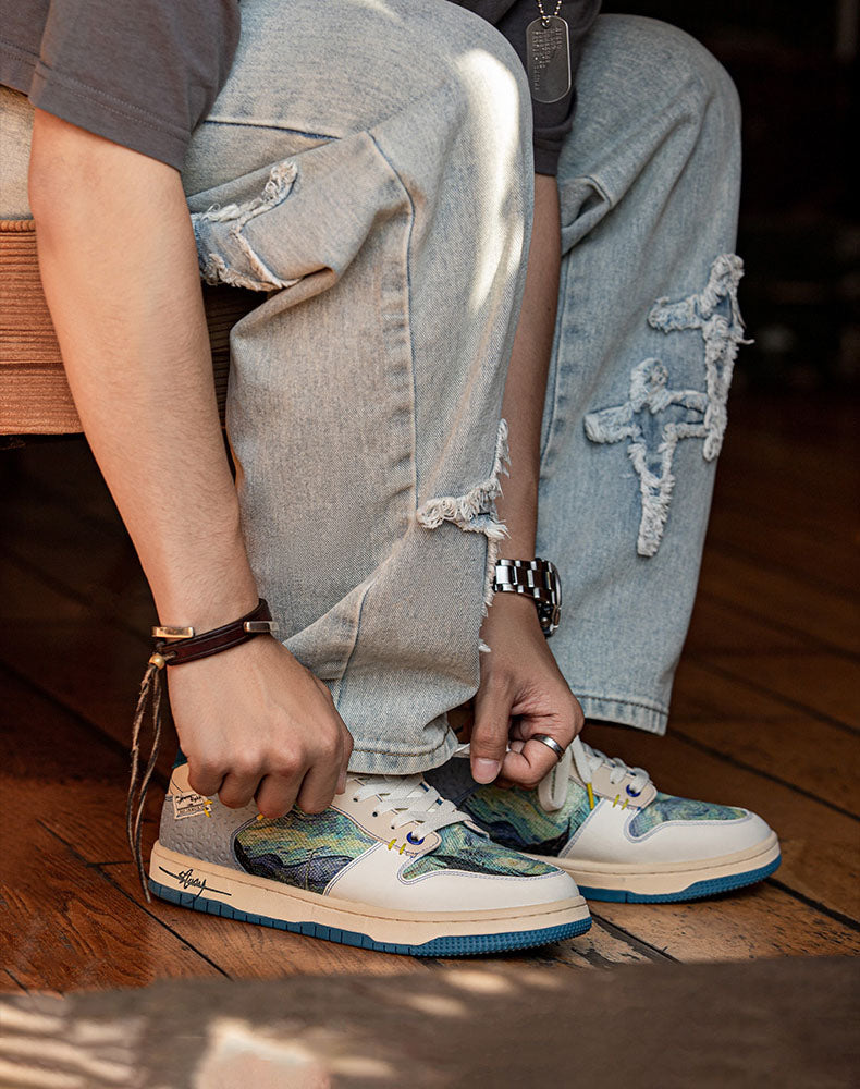 Statement Starry Night Van Gogh sneakers with unique artistic print, offering comfort for all-day casual wear.