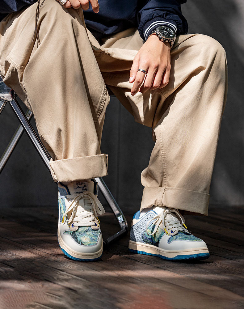 Slip-resistant Starry Night fashion sneakers, vibrant Van Gogh art print, designed for both comfort and style.
