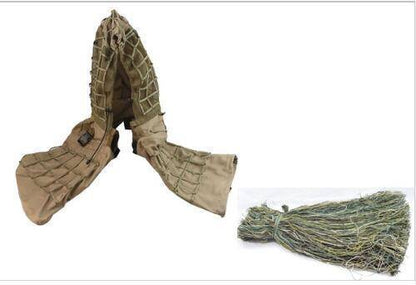 Close-up of the camouflage ghillie suit's leafy texture, perfect for hunting & airsoft