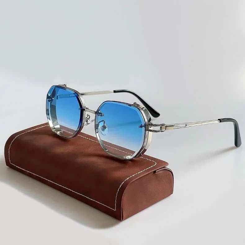 Unisex Steampunk shades, polarized for UV protection, stylish aluminum frame eyewear.
