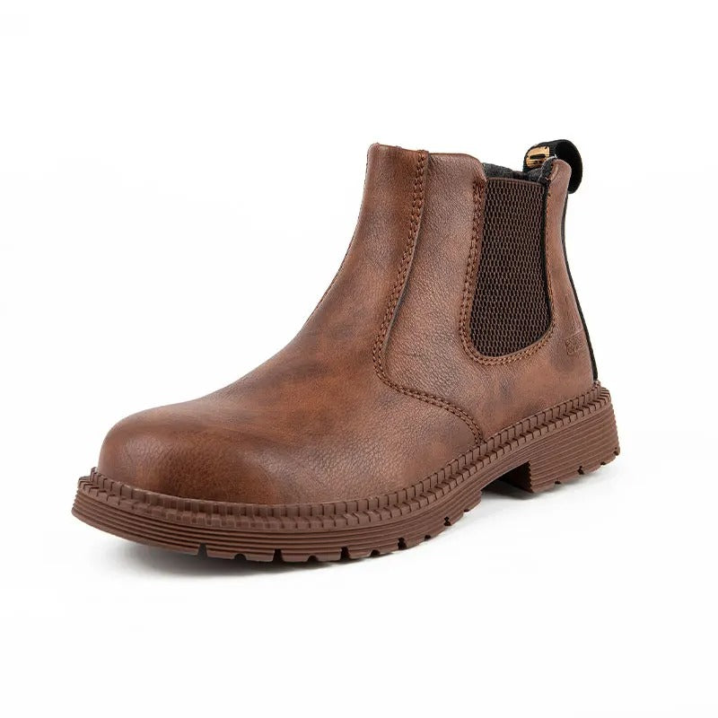 Brown leather steel toe Chelsea boots, offering slip-on convenience & robust protection for everyday work.