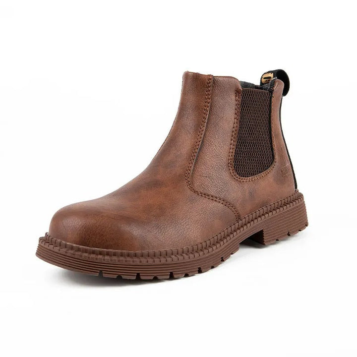 Brown leather steel toe Chelsea boots, offering slip-on convenience & robust protection for everyday work.