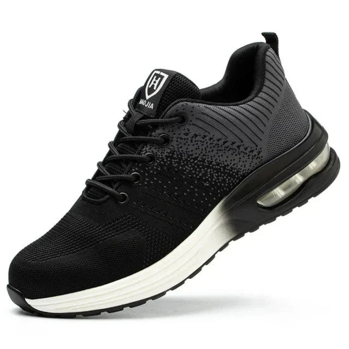 Modern unisex safety shoes featuring steel toe & air cushion for breathable, durable workday comfort.