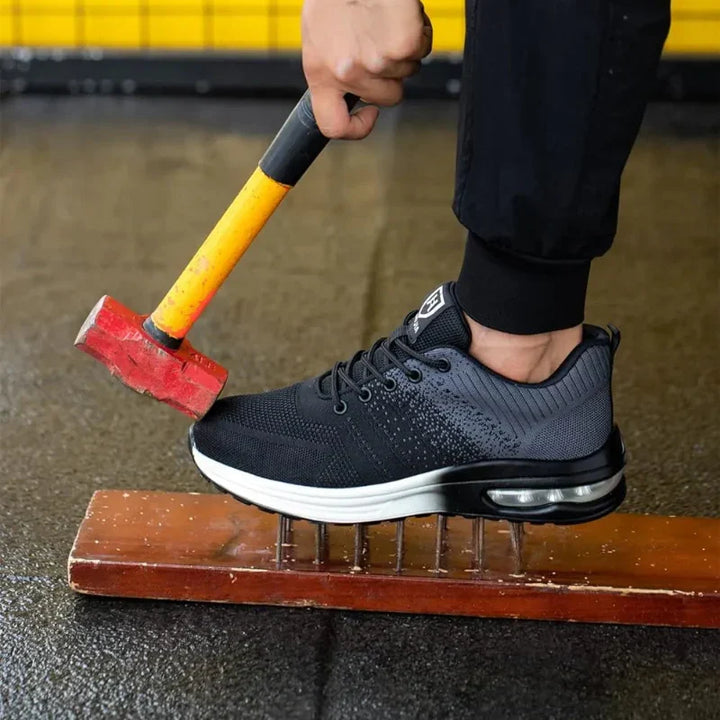 Protective steel toe work shoes, puncture-resistant and comfortable for industrial and construction labor.