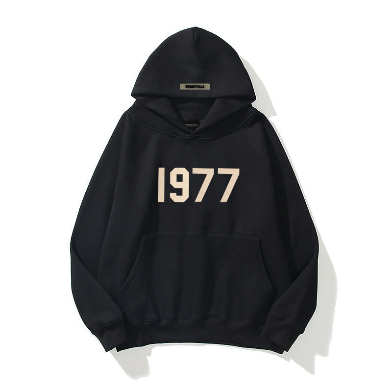 Streetwear pullover for men & women, showcasing a retro 1977 design and raglan sleeve detail.