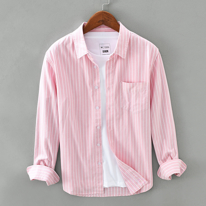 Casual unisex striped long-sleeve button-up shirt with collar, ideal for everyday summer wear.