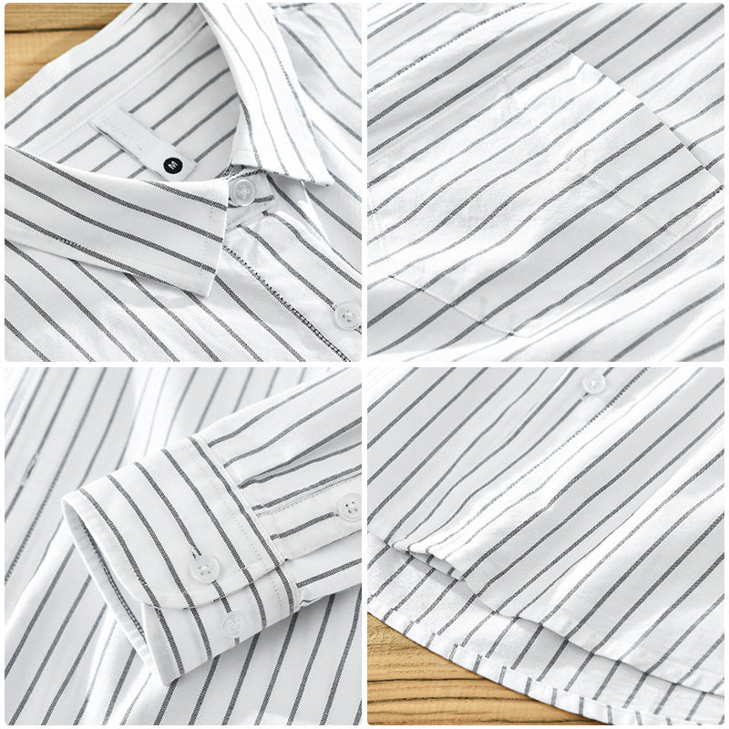 Lightweight unisex striped button-up shirt, a fashionable long-sleeve summer top for everyday warm weather style.
