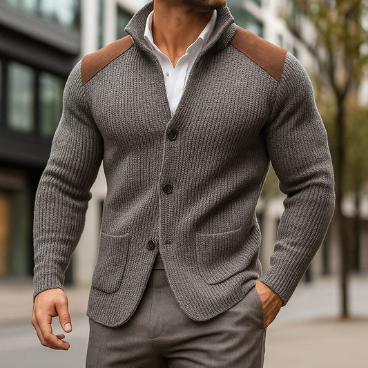Unisex stylish knitted cardigan with textured accents, perfect for cozy fall & winter layering.