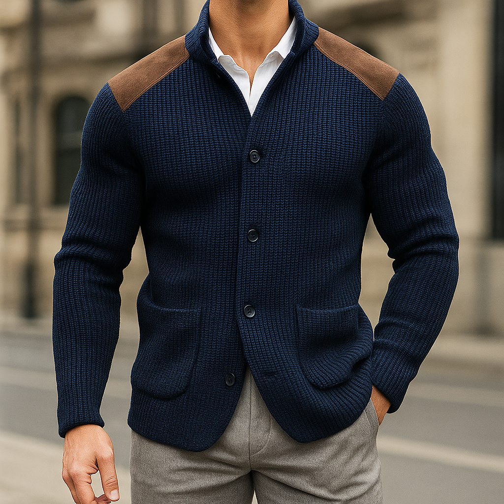 Close-up of a stylish unisex knitted cardigan showcasing unique textured accents and soft fabric.