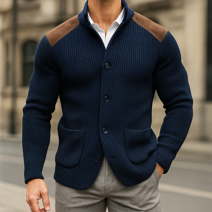 Close-up of a stylish unisex knitted cardigan showcasing unique textured accents and soft fabric.