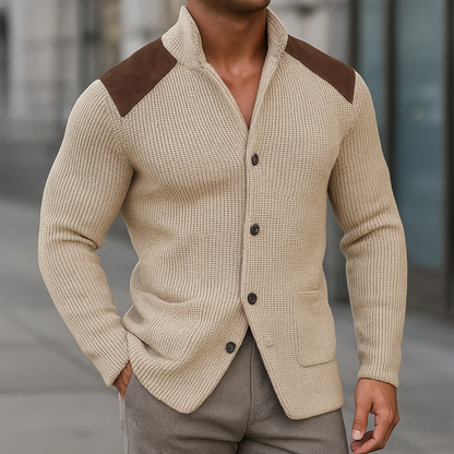 Stylish unisex cardigan for layering. Soft, textured knitwear for comfortable casual fall and winter outfits.