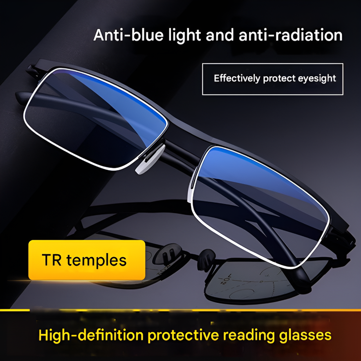 Close-up of progressive multifocal reading glasses, providing clear, seamless vision for all distances. Stylish eyewear.