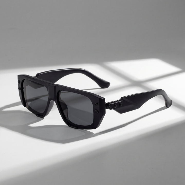 Bold black unisex sunglasses, a stylish fashion accessory with superior UV protection for eyes.