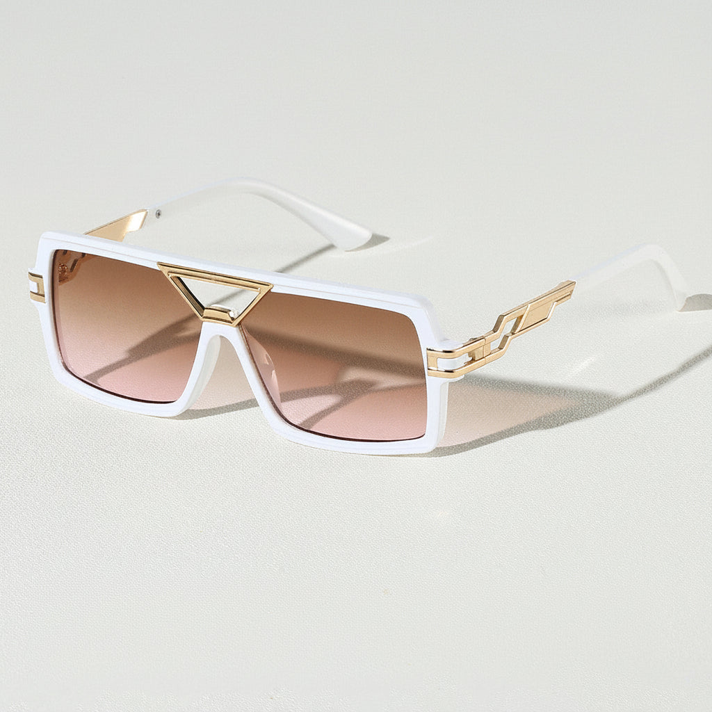 Side profile of stylish unisex sunglasses with metal frames, offering full UV400 protection.