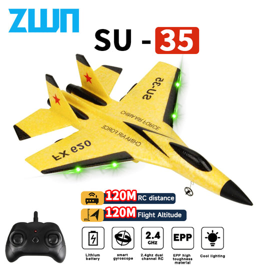 Durable EPP foam SU35 RC fighter jet airplane with bright LED lights, perfect for aerobatic outdoor fun.
