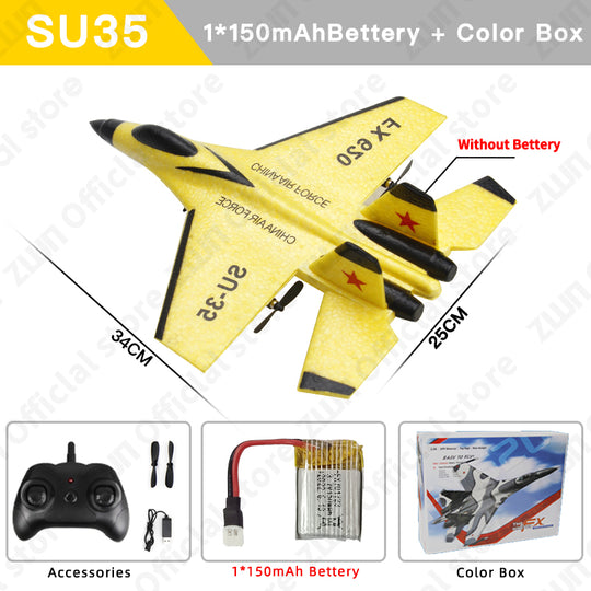 Remote control SU35 glider fighter jet with dazzling LED lights, an exhilarating flying toy for hobbyists.