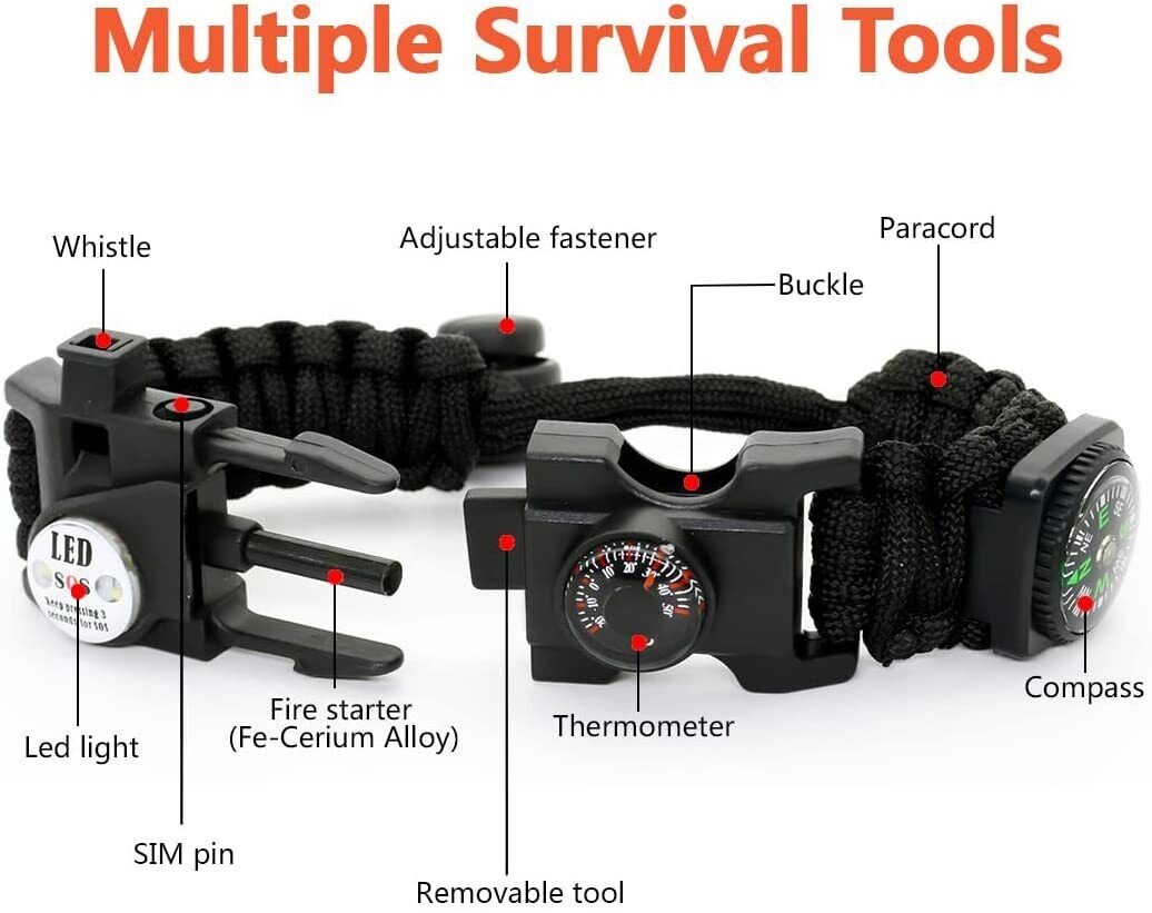 Emergency preparedness kit: unisex paracord bracelet with 20 essential survival tools