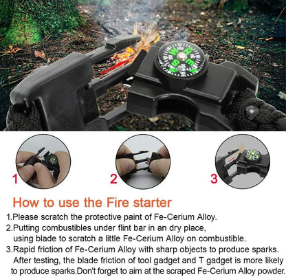 Survival gear: rugged paracord bracelet packed with 20 tools for any emergency situation