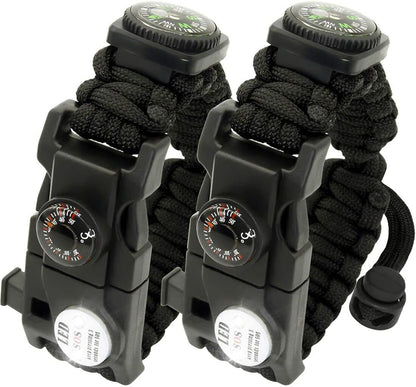 Black paracord survival bracelet showcasing its array of integrated emergency and outdoor tools