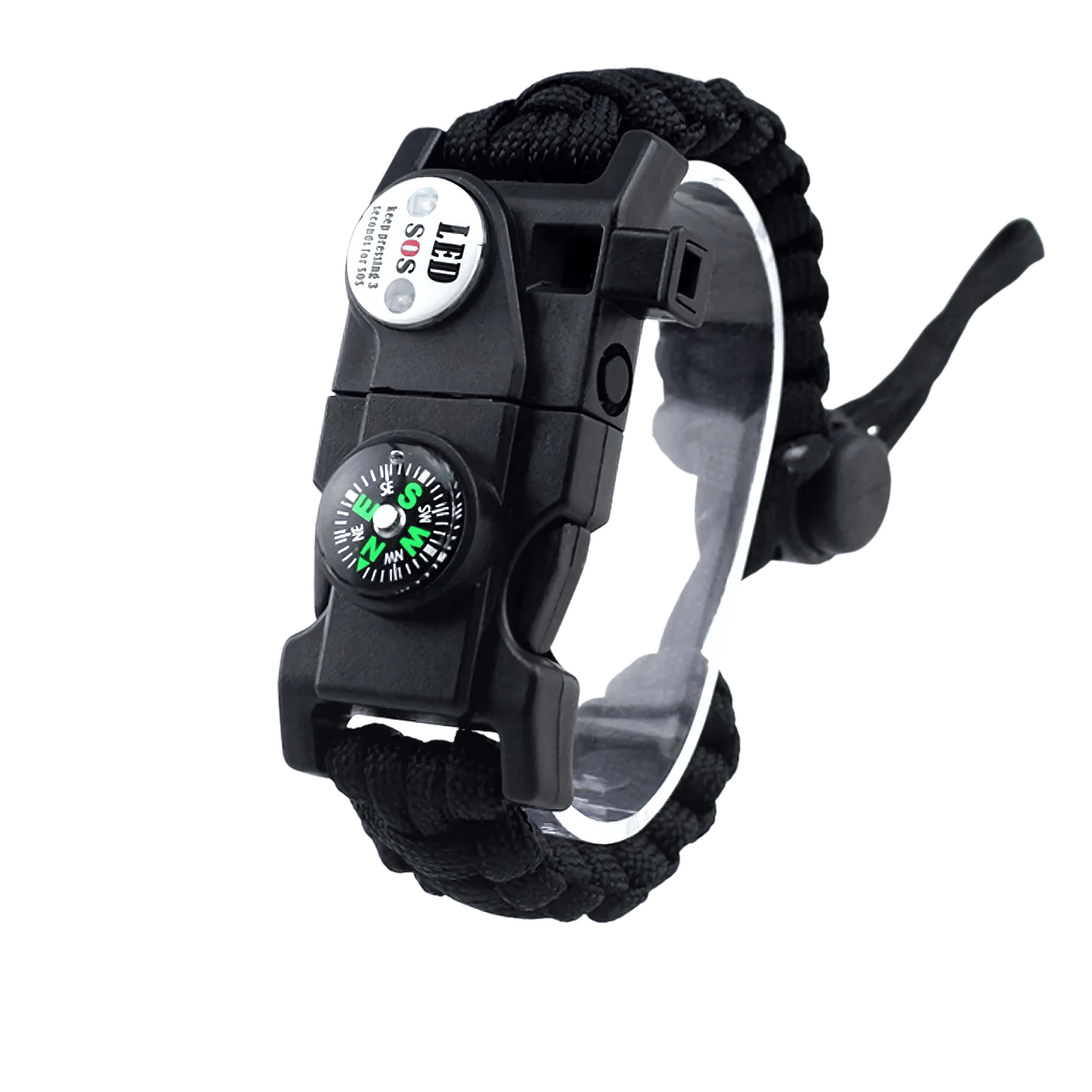 Unisex survival paracord bracelet with LED, compass, fire starter for outdoor adventures.