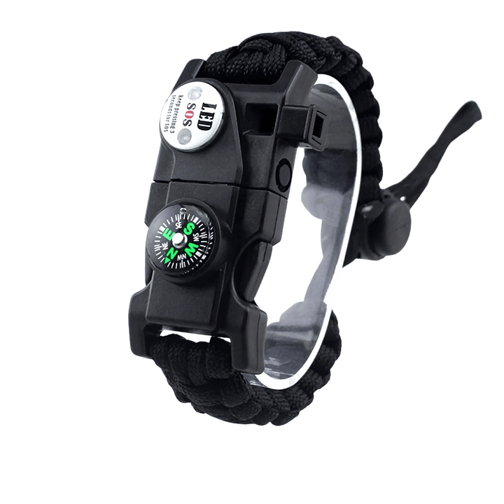 Unisex survival paracord bracelet with LED, compass, fire starter for outdoor adventures.