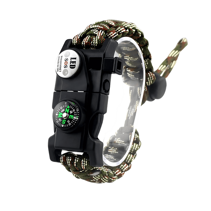 Unisex survival tool: paracord bracelet with LED, compass, and fire starter for hiking.