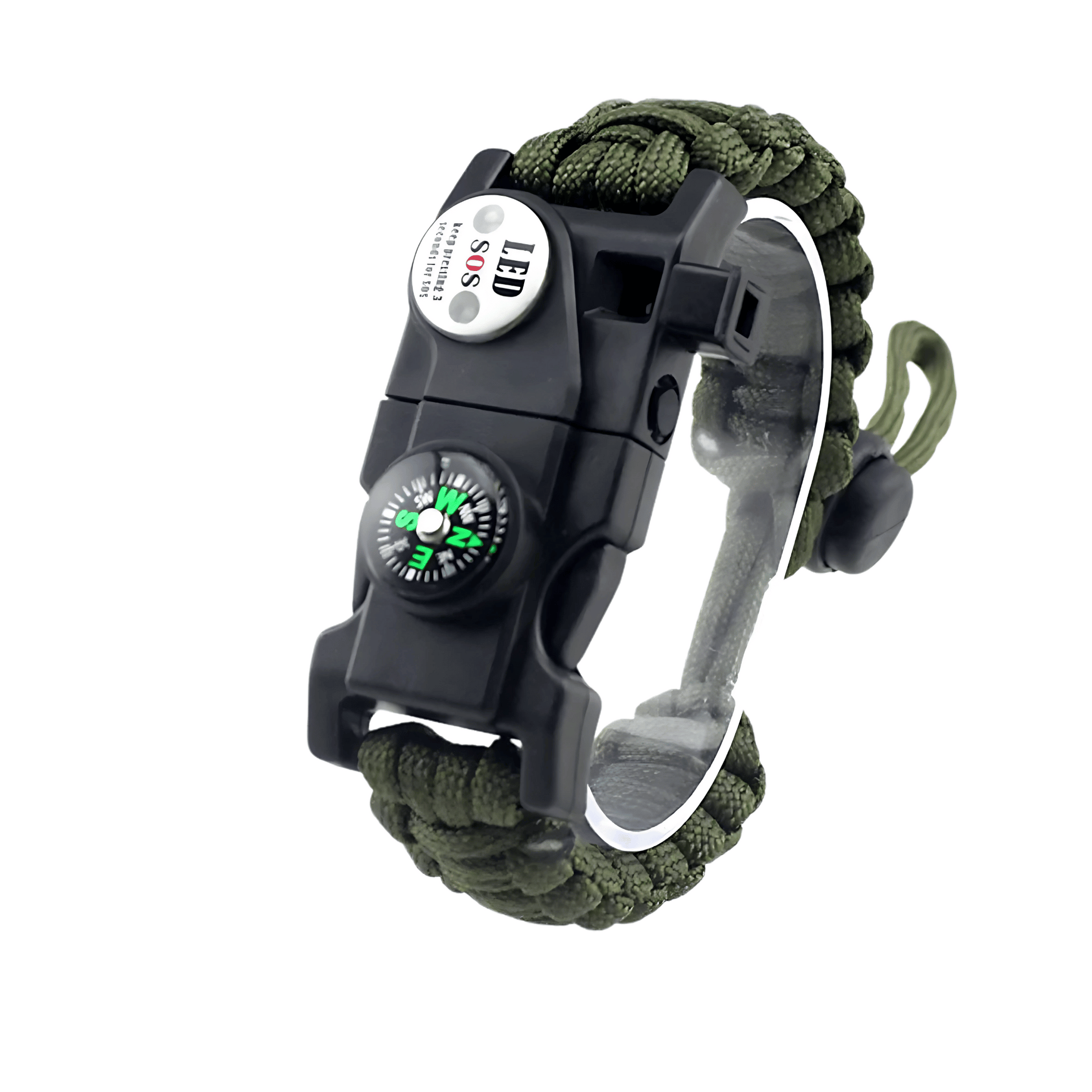 Versatile paracord bracelet, essential for camping, featuring LED, compass, and fire striker.