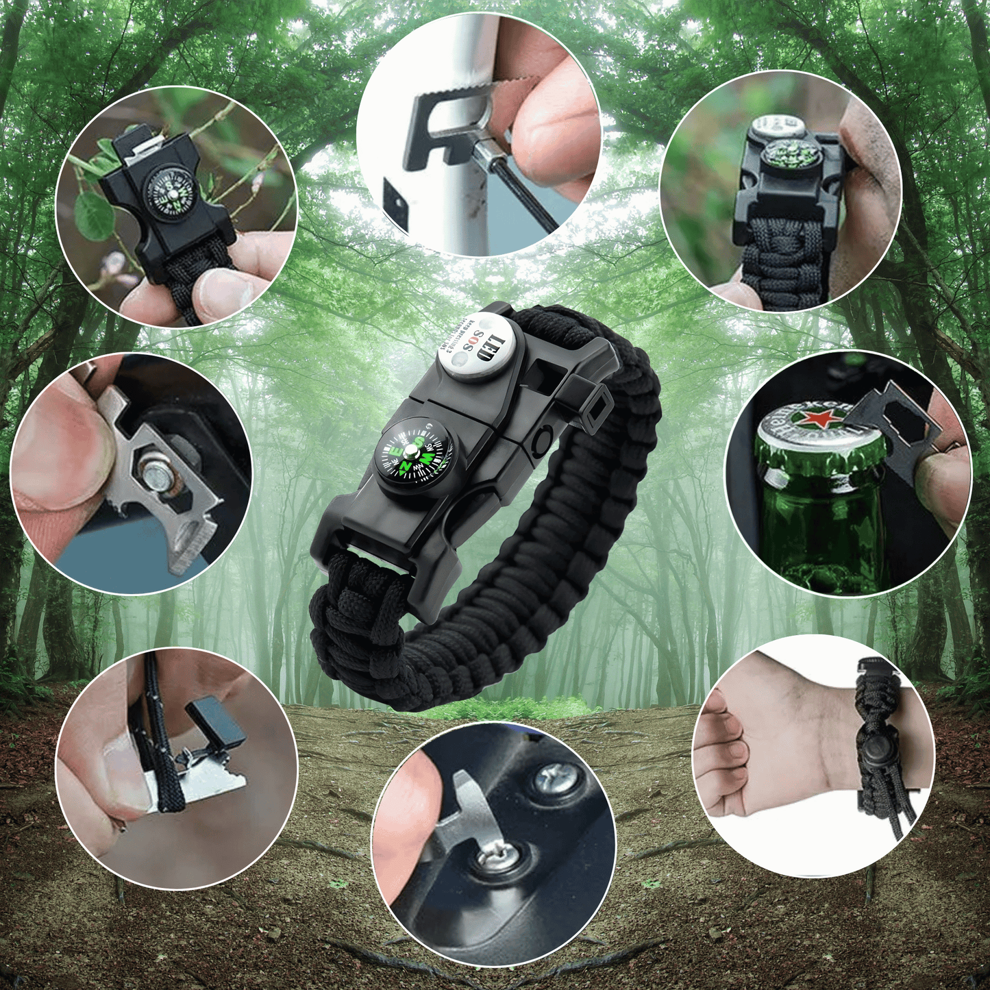 Emergency kit paracord bracelet with integrated LED light, compass, and fire steel.