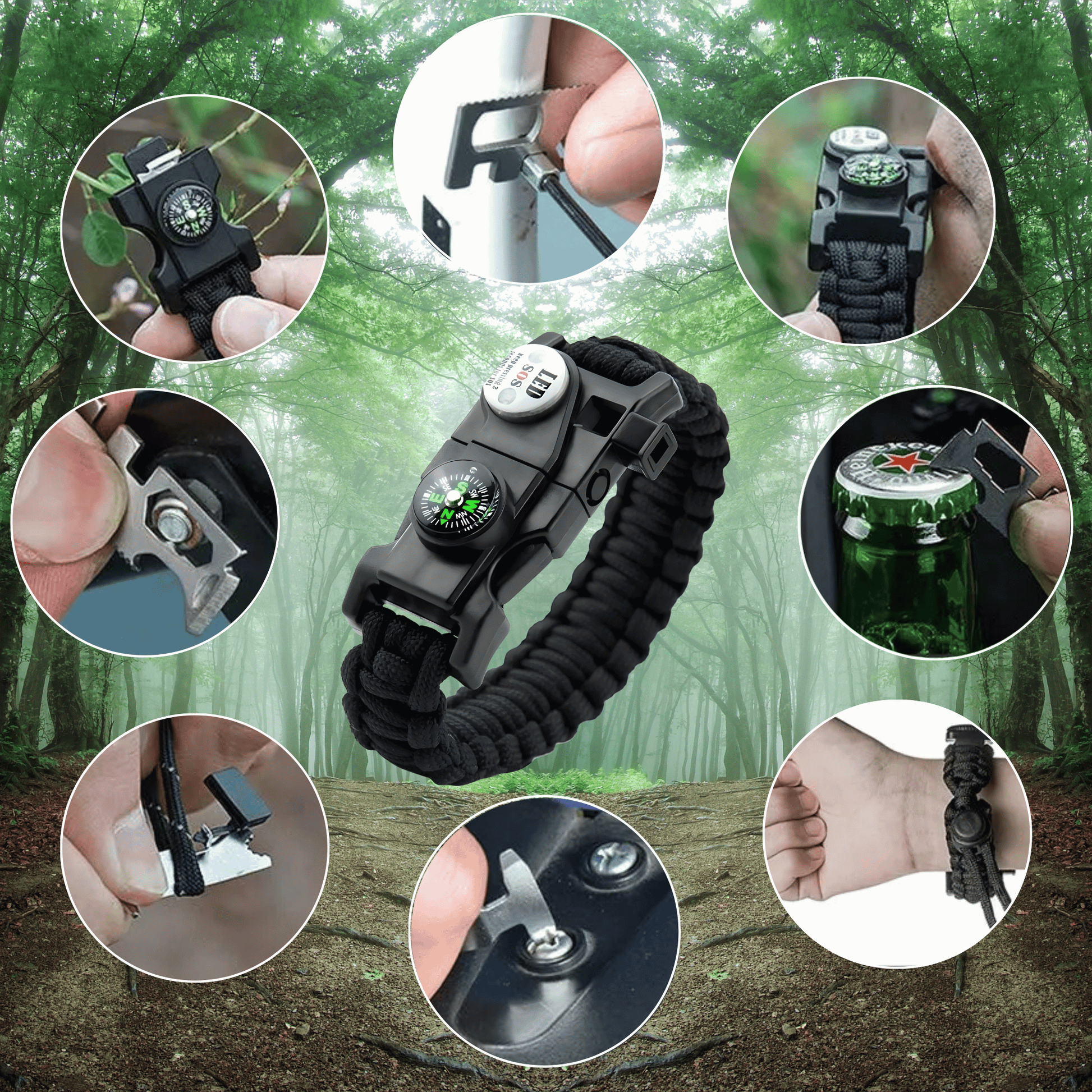 Emergency kit paracord bracelet with integrated LED light, compass, and fire steel.