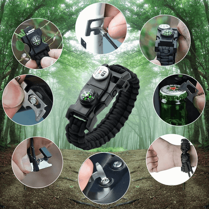 Emergency kit paracord bracelet with integrated LED light, compass, and fire steel.