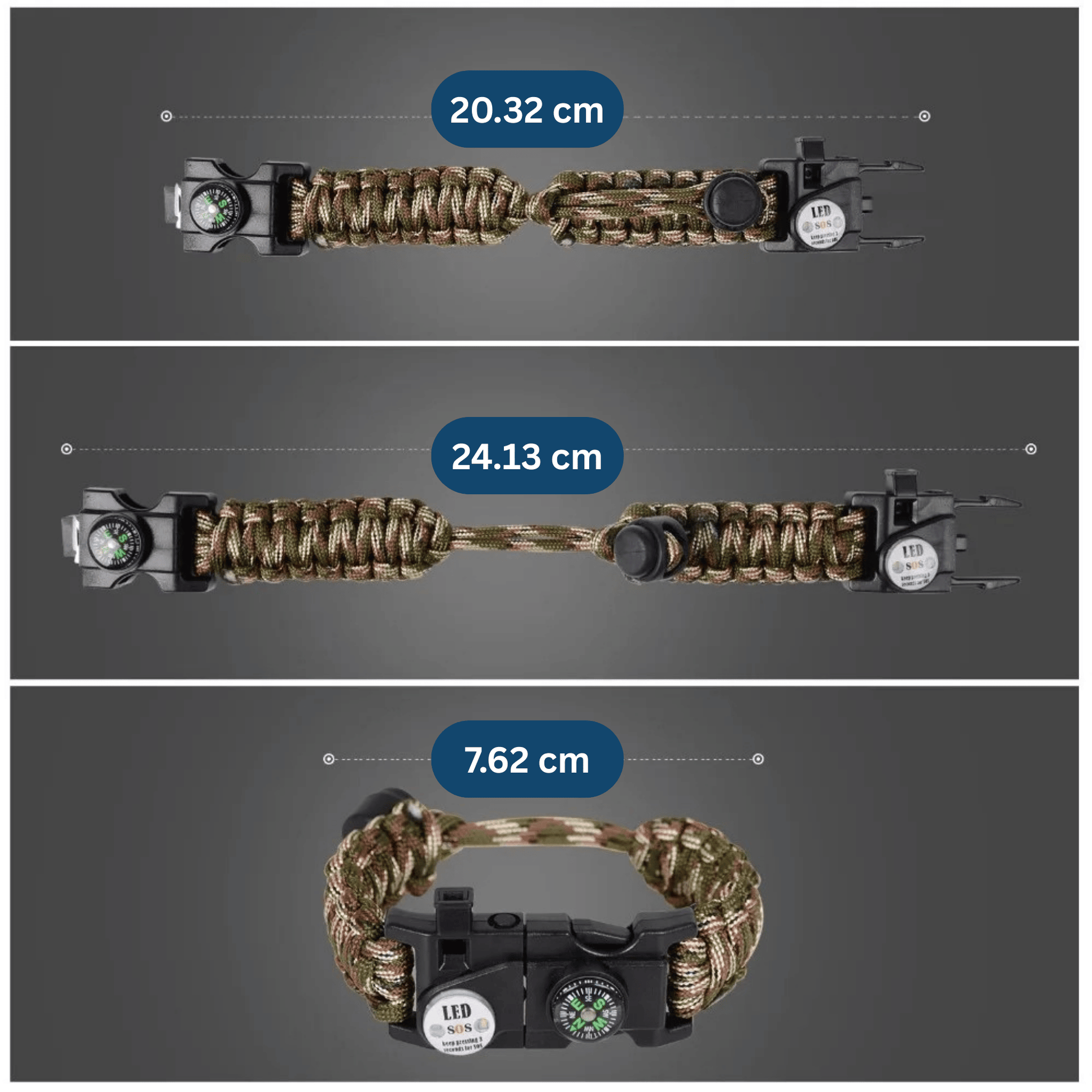 Stylish black paracord bracelet for men and women, with LED, compass, and fire starter.