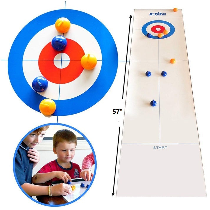Tabletop Curling game presented as a holiday gift, promising fun for family and friends.