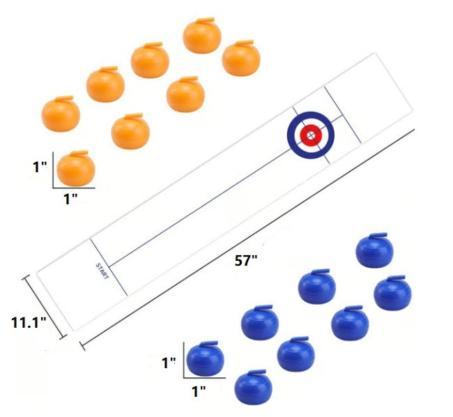 Overhead view of the complete Tabletop Curling game set with all stones in play.