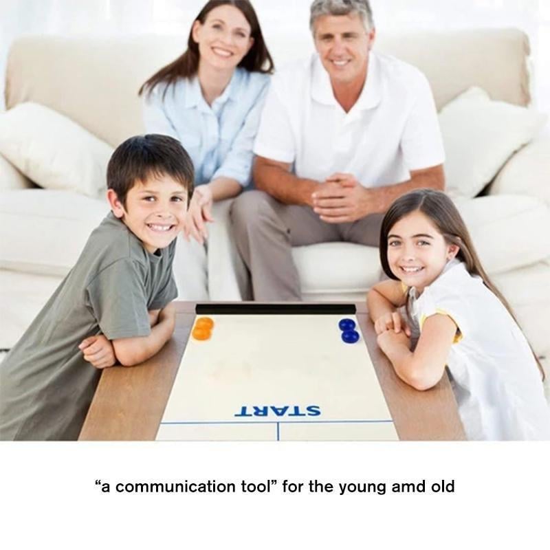Family enjoying a portable Tabletop Curling board game, perfect for indoor fun and parties.