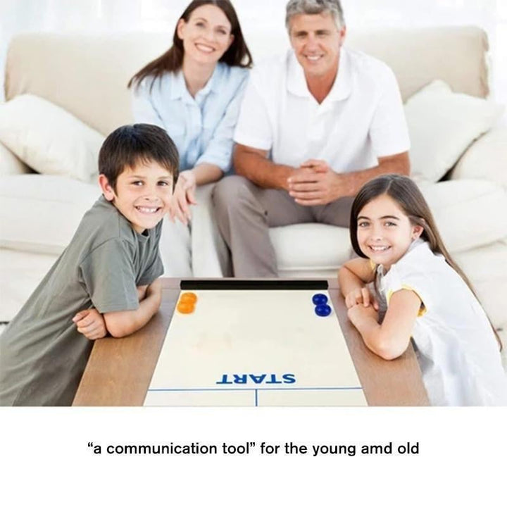 Family enjoying a portable Tabletop Curling board game, perfect for indoor fun and parties.