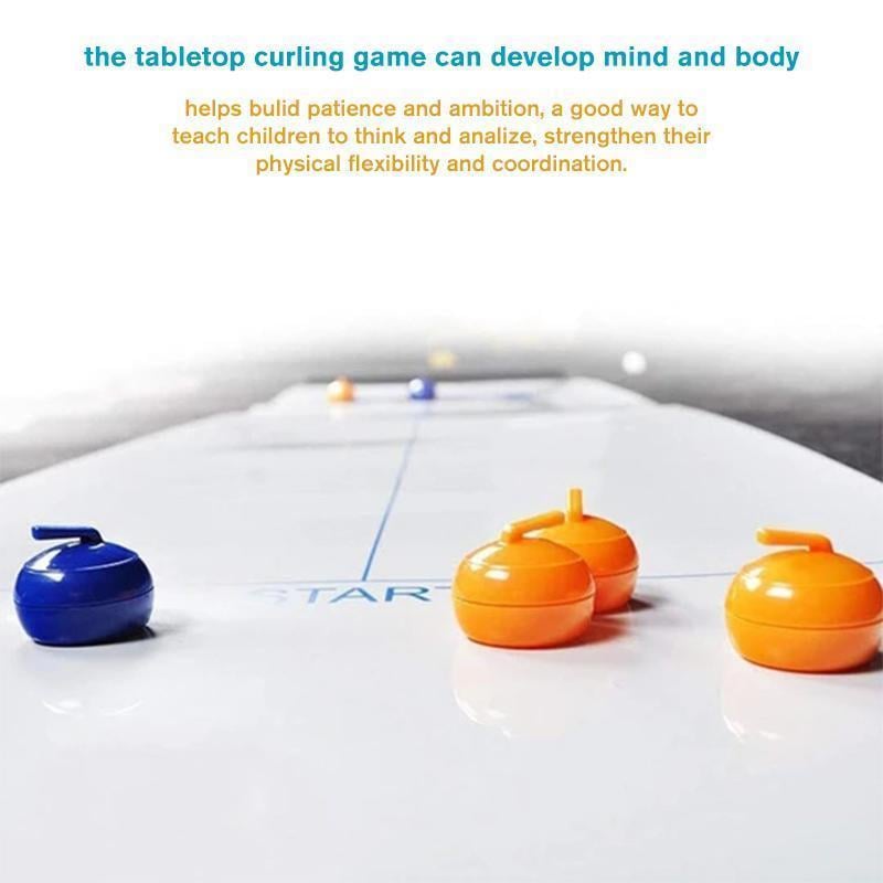 Compact Tabletop Curling game set up on a wooden table, ready for engaging family play.