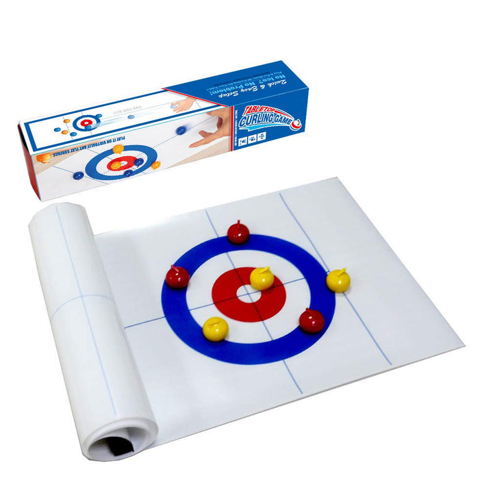 Kids laughing while playing the exciting Tabletop Curling game, a great indoor activity.