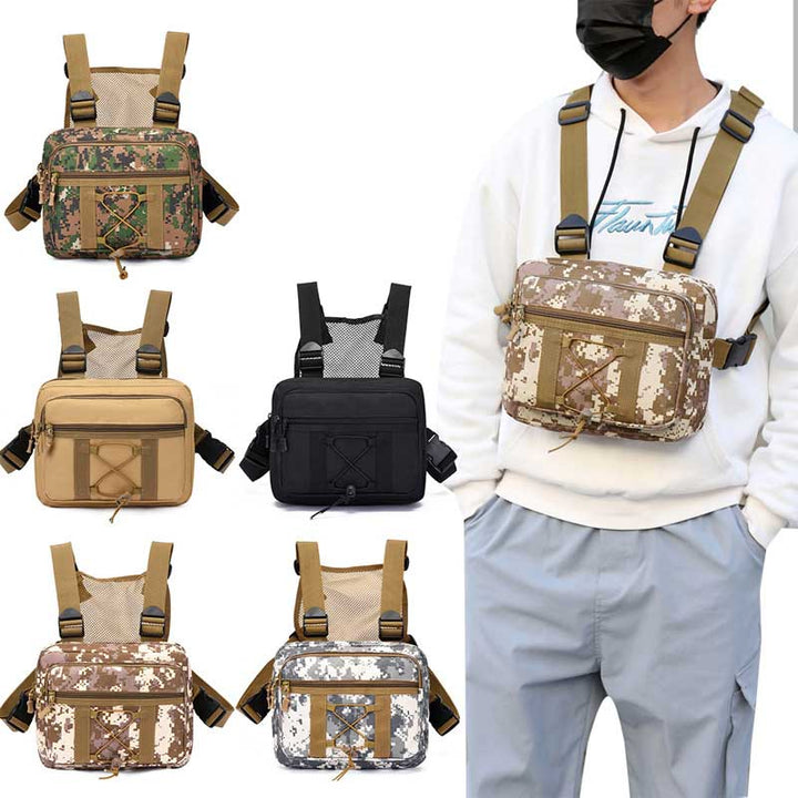 Unisex tactical chest rig bag, water-resistant & multi-pocket. Ideal for outdoor gear, hiking, airsoft.