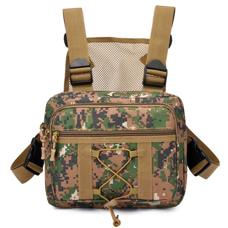 Multi-pocket water-resistant tactical chest rig. Unisex outdoor gear, perfect for hiking and airsoft.