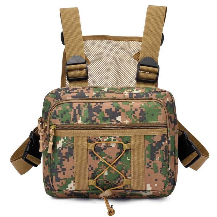 Multi-pocket water-resistant tactical chest rig. Unisex outdoor gear, perfect for hiking and airsoft.
