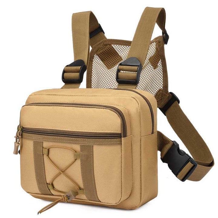 Adventure travel chest rig bag. Durable, water-resistant, unisex tactical gear with multiple pockets.